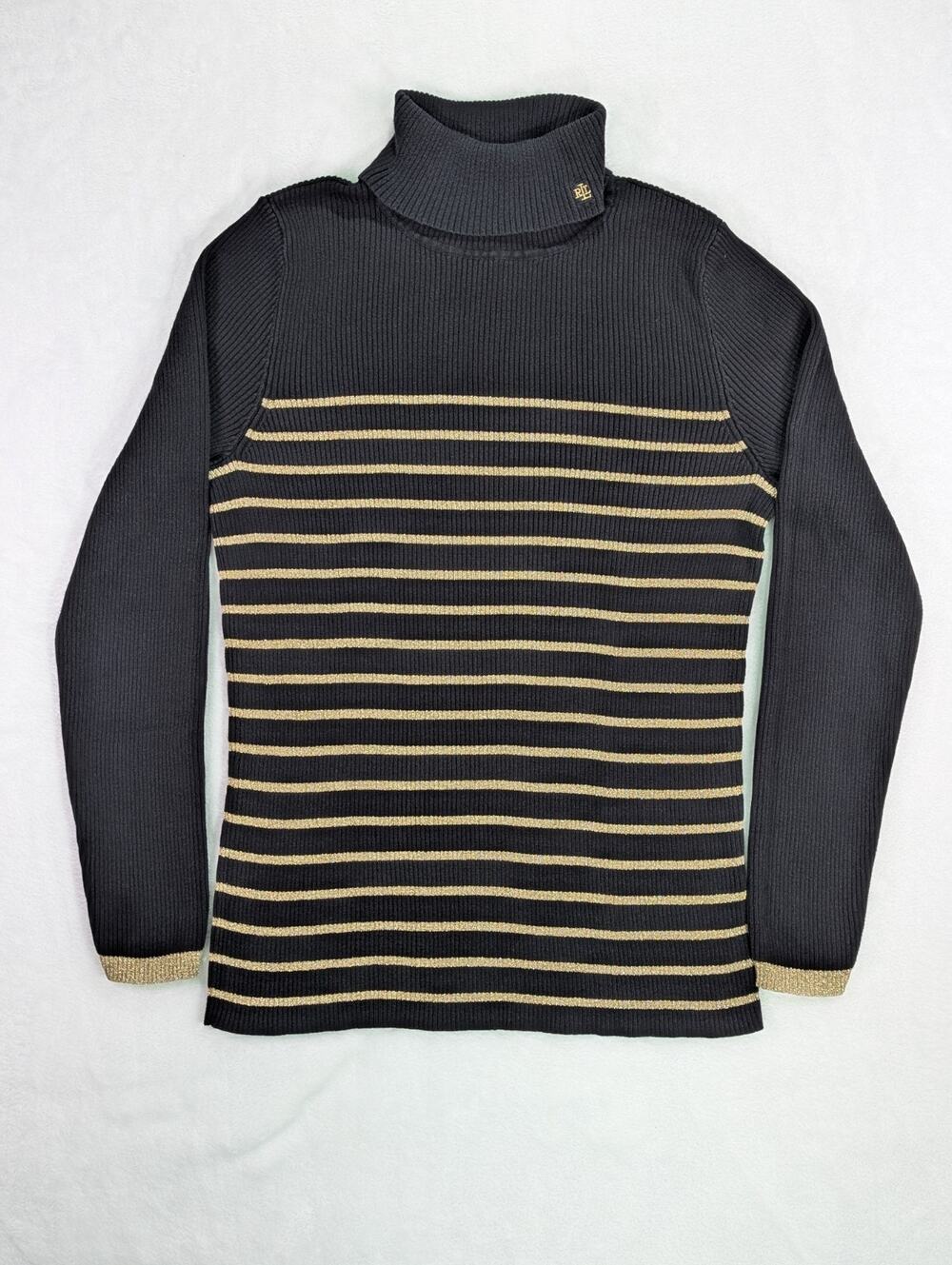 Lauren Ralph Lauren Women L Black Gold Metallic Striped Turtleneck Sweater Knit